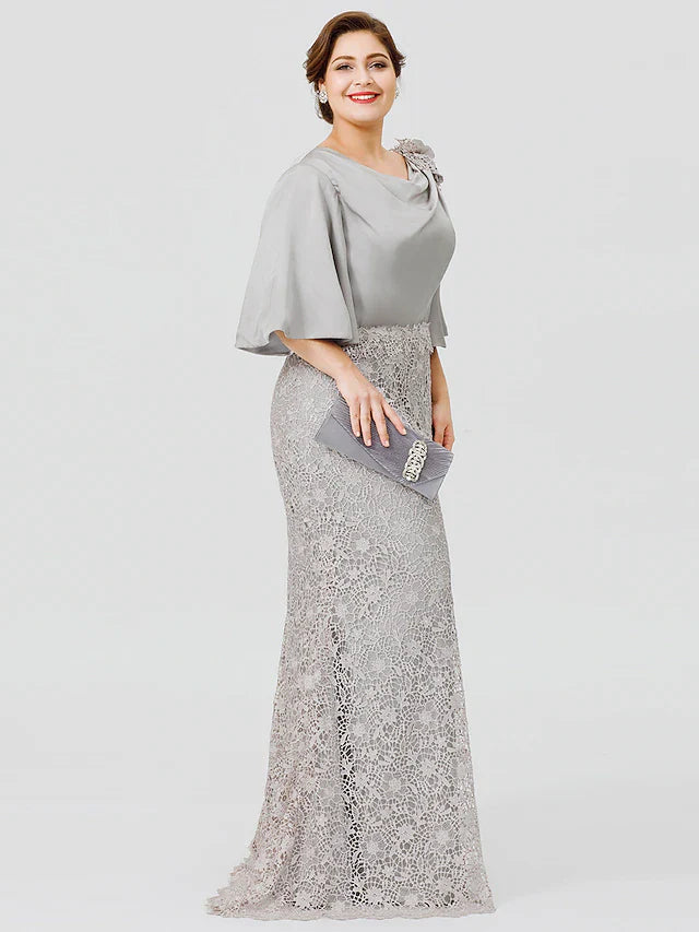 Wholesale Mermaid / Trumpet Mother of the Bride Dress Plus Size Sexy Cowl Neck Sweep / Brush Train Satin Chiffon Lace Over Satin Half Sleeve No with Appliques